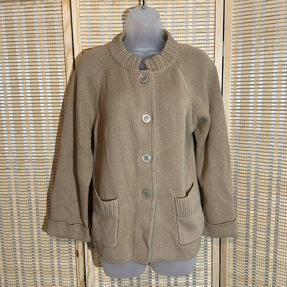 Ms Casuals Vintage 1990s Tan Mock Turtleneck Loose Knit Cardigan Sweater Small - Picture 1 of 16